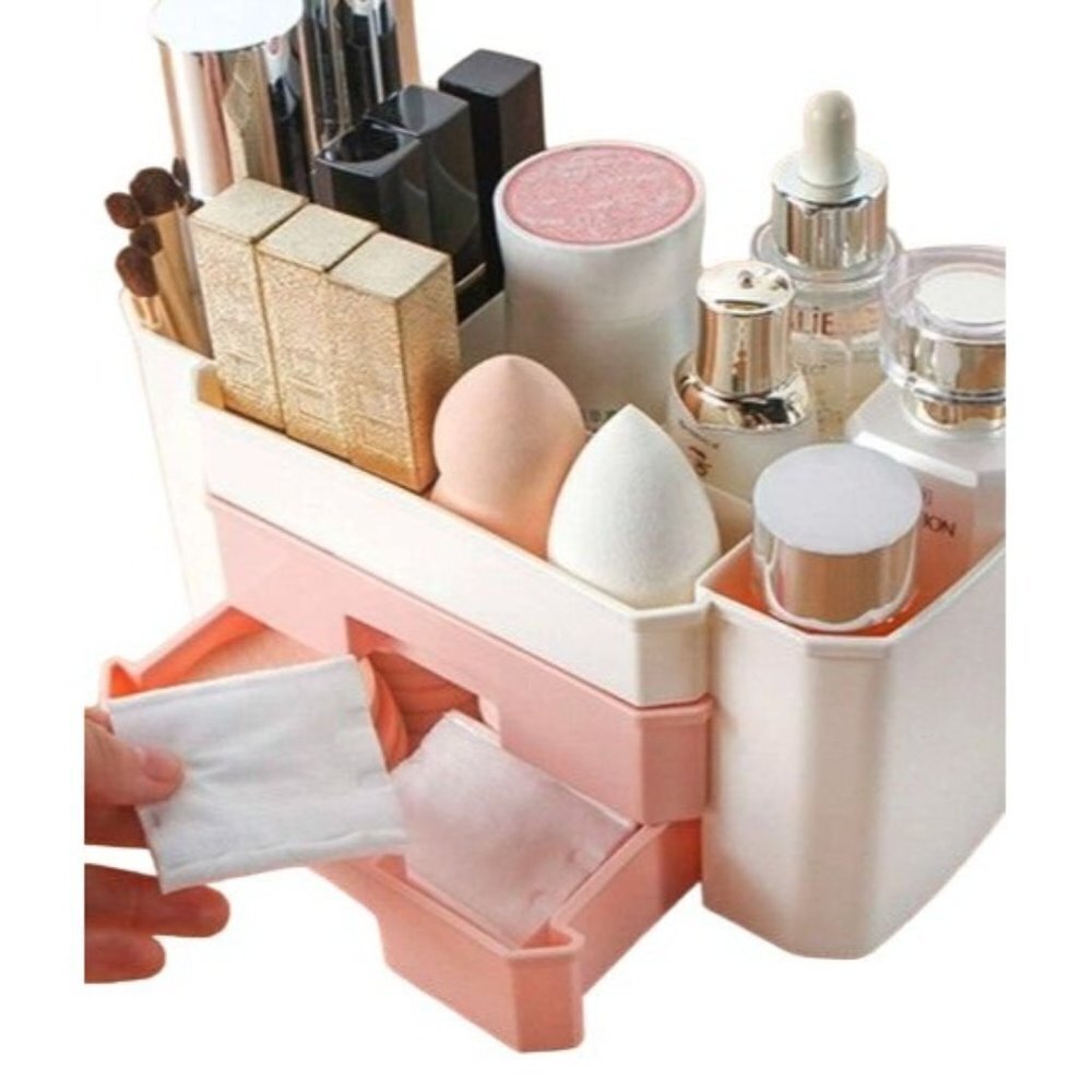 Cosmetic Storage Box Color Block Pink Cream 2 Drawers